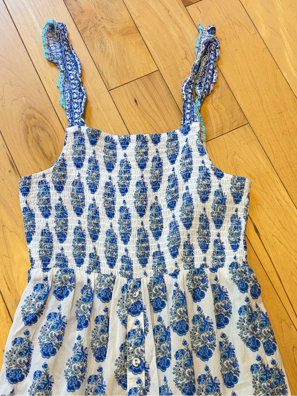 Playa Lucila Smock Border Dress Blue White Floral Print Maxi size small - Picture 5 of 9